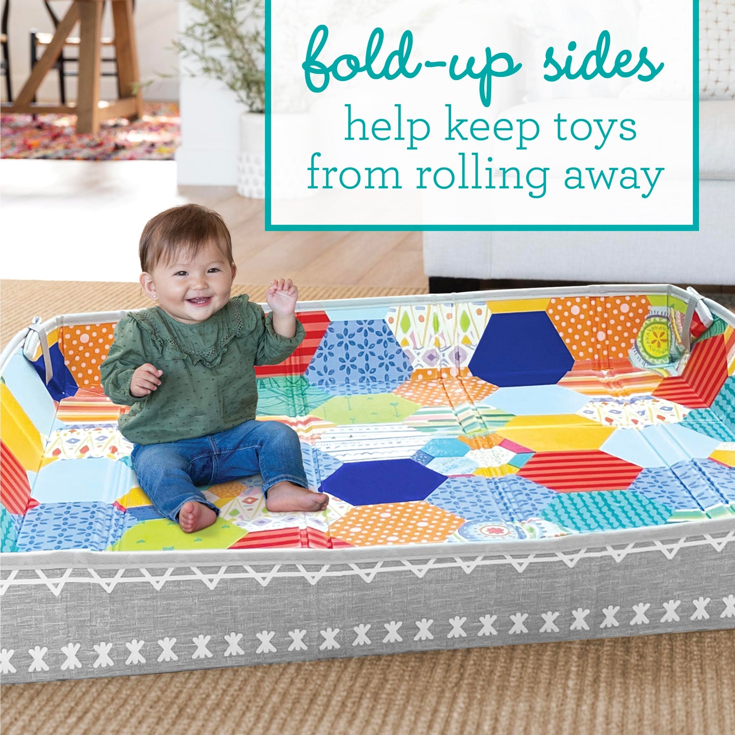 Infantino Foldable Soft Foam Mat, Extra Large Double-Sided Cushioned Portable Play Mat with Fold-Up Sides, Non Slip Crawling & Playing for Infants and Toddlers, Rainbows