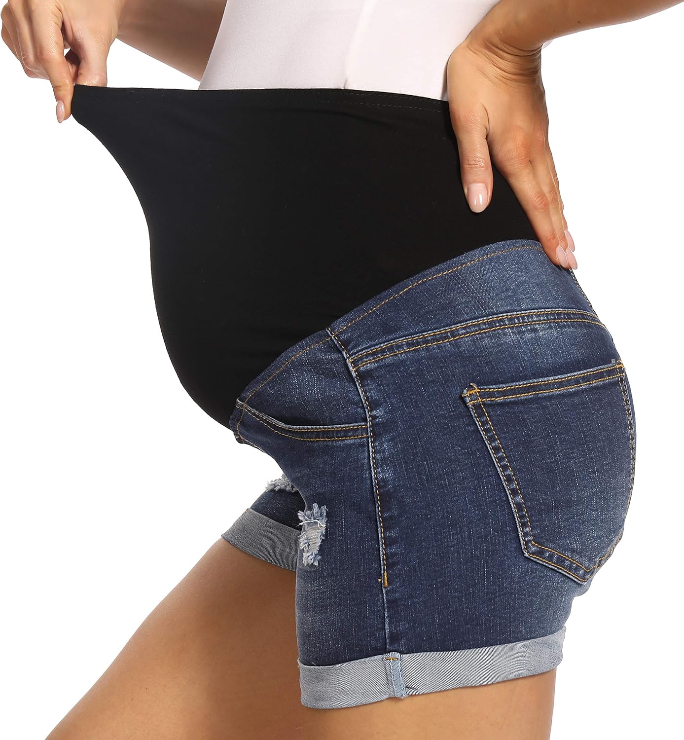 V VOCNI Maternity Denim Shorts Women's Summer High Waist Distressed Cuffed Hem Casual Denim Jeans Short