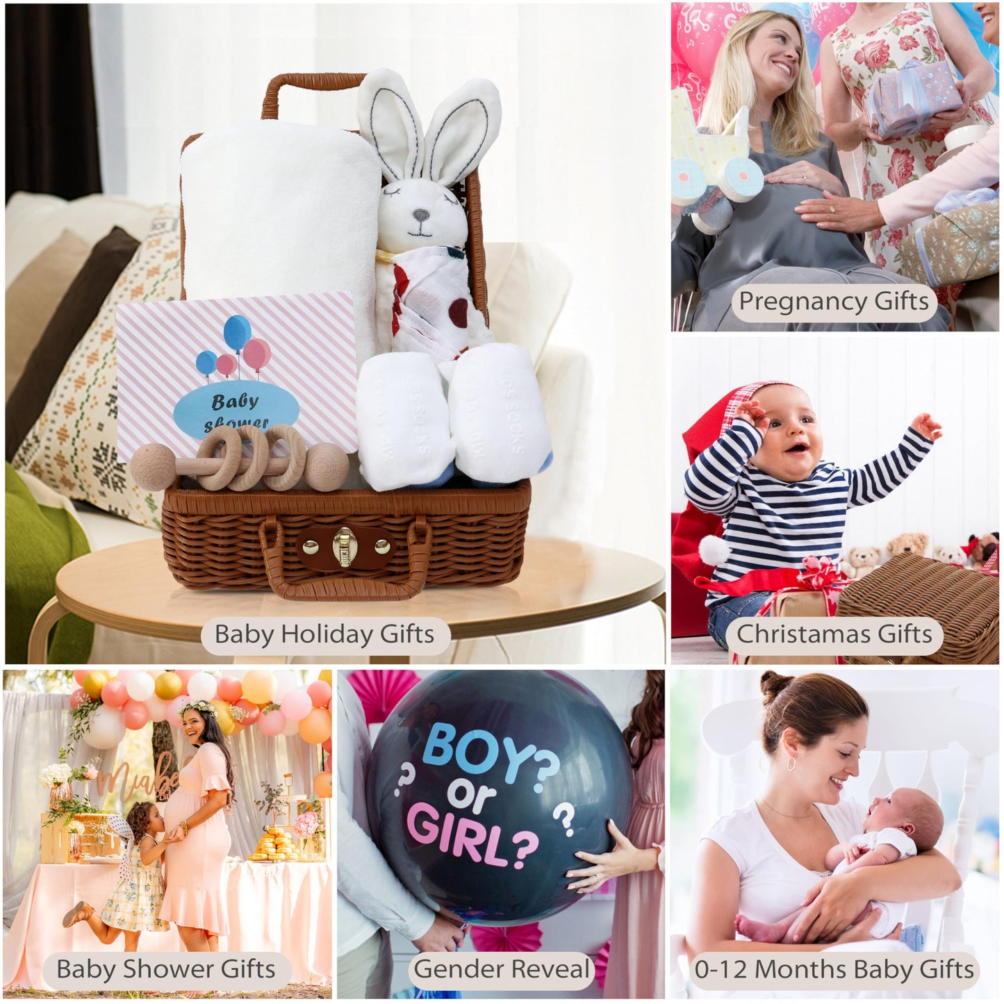 7 in 1 Baby Birth Gift Set, Baby Essentials Bunny Comforter & Hamper Basket, Unique Neutral Gifts for Baby Girls Boys, Gender Reveal Unisex Gift, Newborn Wishlist, Baby Shower, Christmas, Towel-White