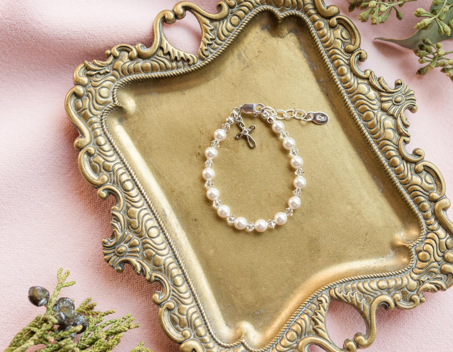 Cherished Moments Sterling Silver Bracelet for Girls with High-End Simulated Pearls and Crystals with a Dainty Infinity Cross Charm