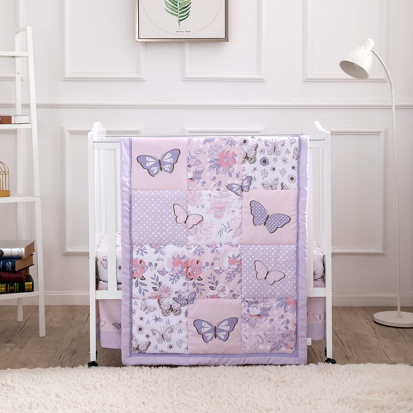 La Premura 3-Piece Purple Butterfly Baby Crib Bedding Set for Girls, Lilac Standard Size Crib Set for Baby Girl, Comforter, Fitted Sheet, and Dust Ruffle Skirt, Baby Nursery Floral Design for Girls