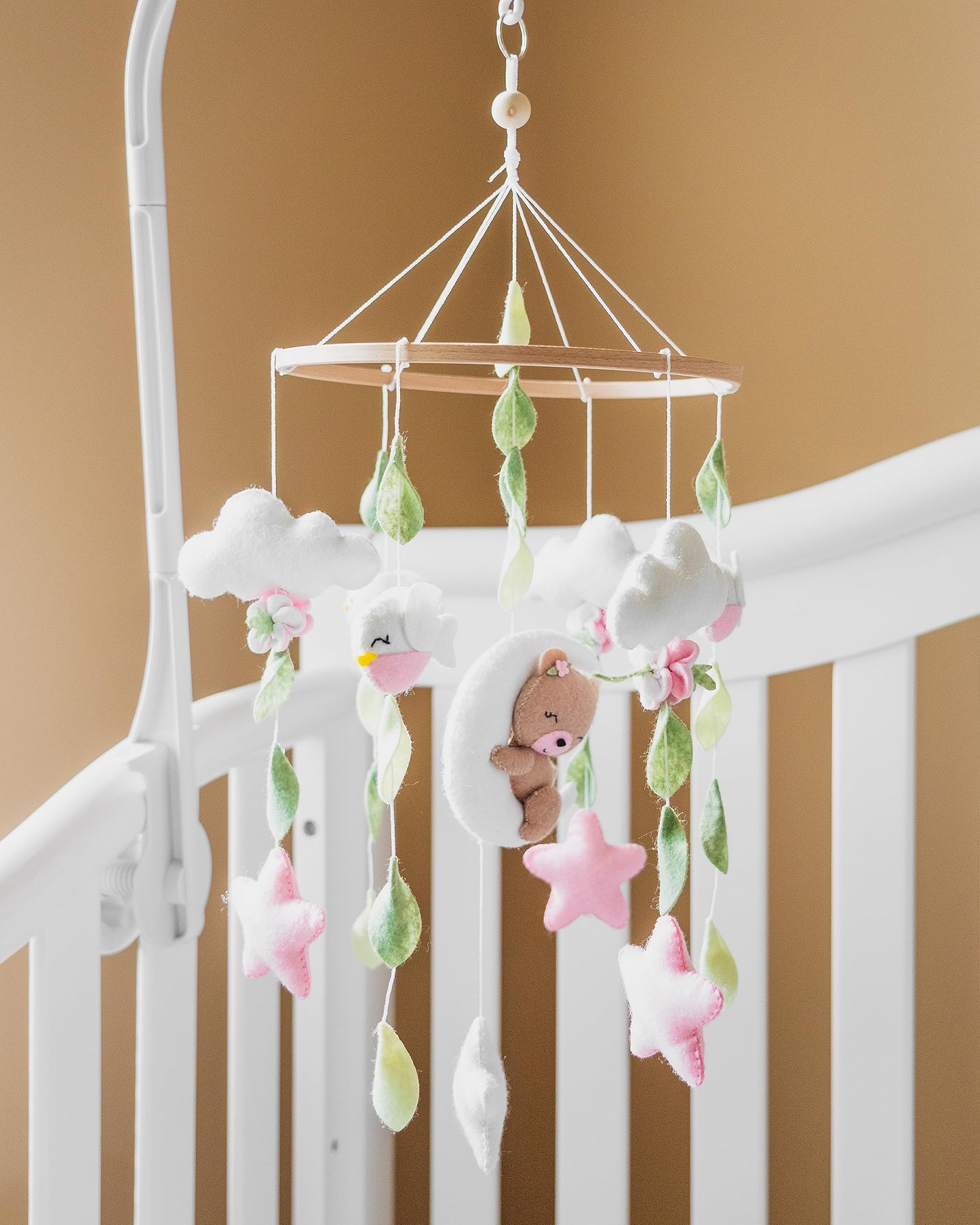 Girl Teddy Bear Mobile for Crib, Felt Ball Mobile Bear Crib Mobile Pink Bear Baby Shower, Gift Baby Nursery Decor Kids Mobile, Bear Stars Bird Mobile Mobile arm is NOT Included