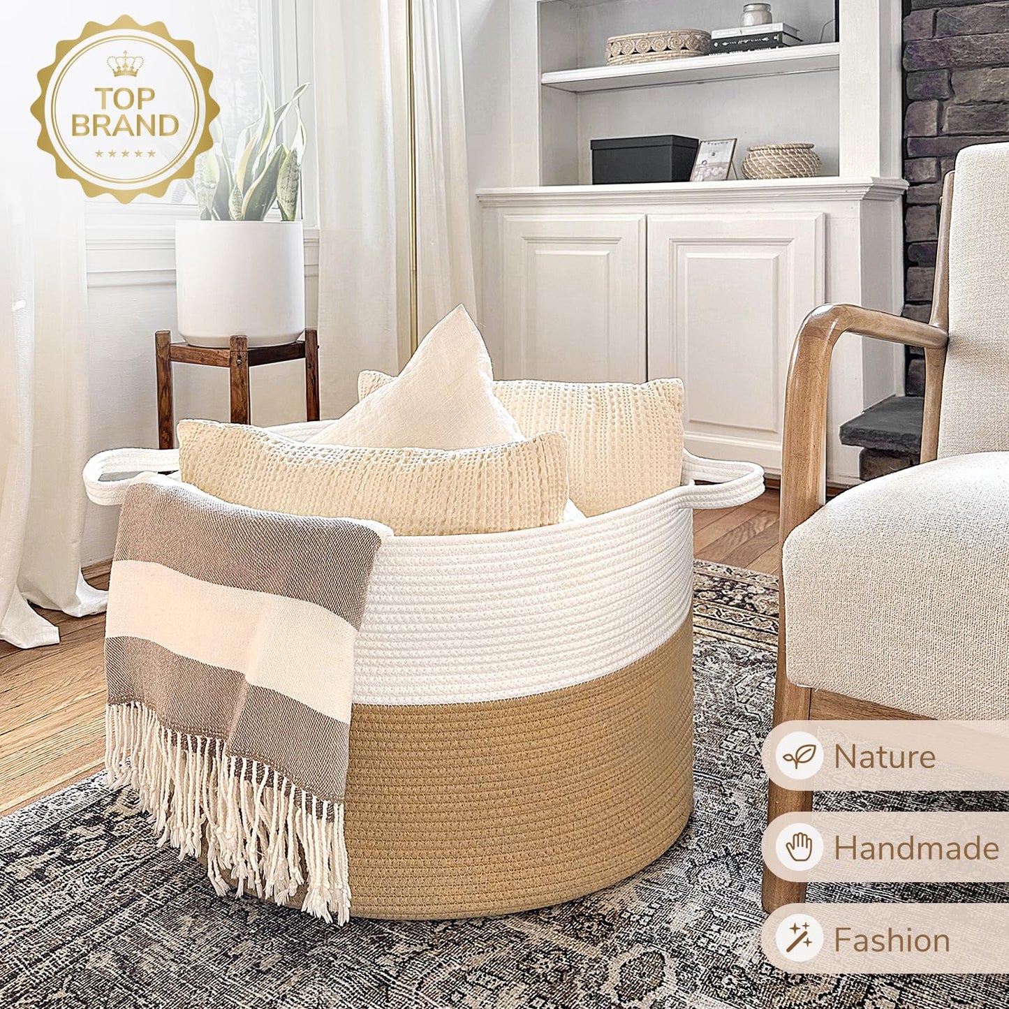 INDRESSME XXXLarge Cotton Rope Basket 21.7" x 21.7" x 13.8" Woven Baby Laundry Blanket Basket Toy Baskets with Handle Storage Comforter Cushions Thread Laundry Hamper