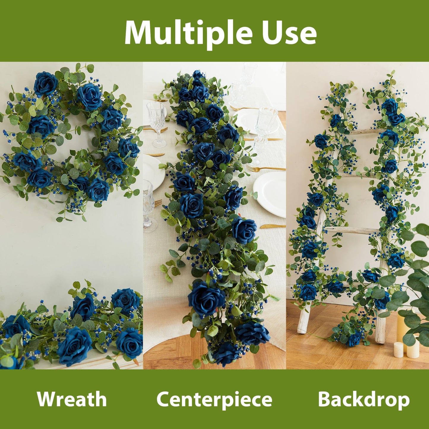 Anna's Whimsy 5.91FT Artificial Eucalyptus Garland with Flowers, Fake Flower Rose Gypsophila, Faux Floral Greenery Garland for Wedding Spring Home Party Craft Art Table Runner Decor