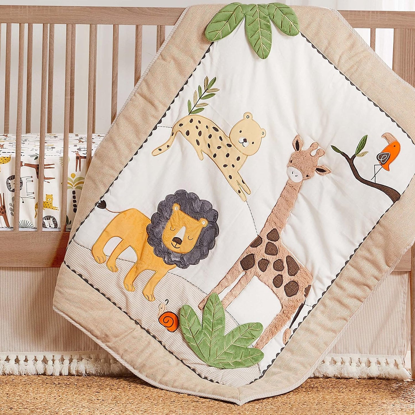 Levtex Baby - Zuma Crib Bed Set - Baby Nursery Set - Jungle - Taupe, Green, Brown, Cream - Jungle Animals - 4 Piece Set Includes Quilt, Fitted Sheet, Wall Decal & Crib Skirt/Dust Ruffle