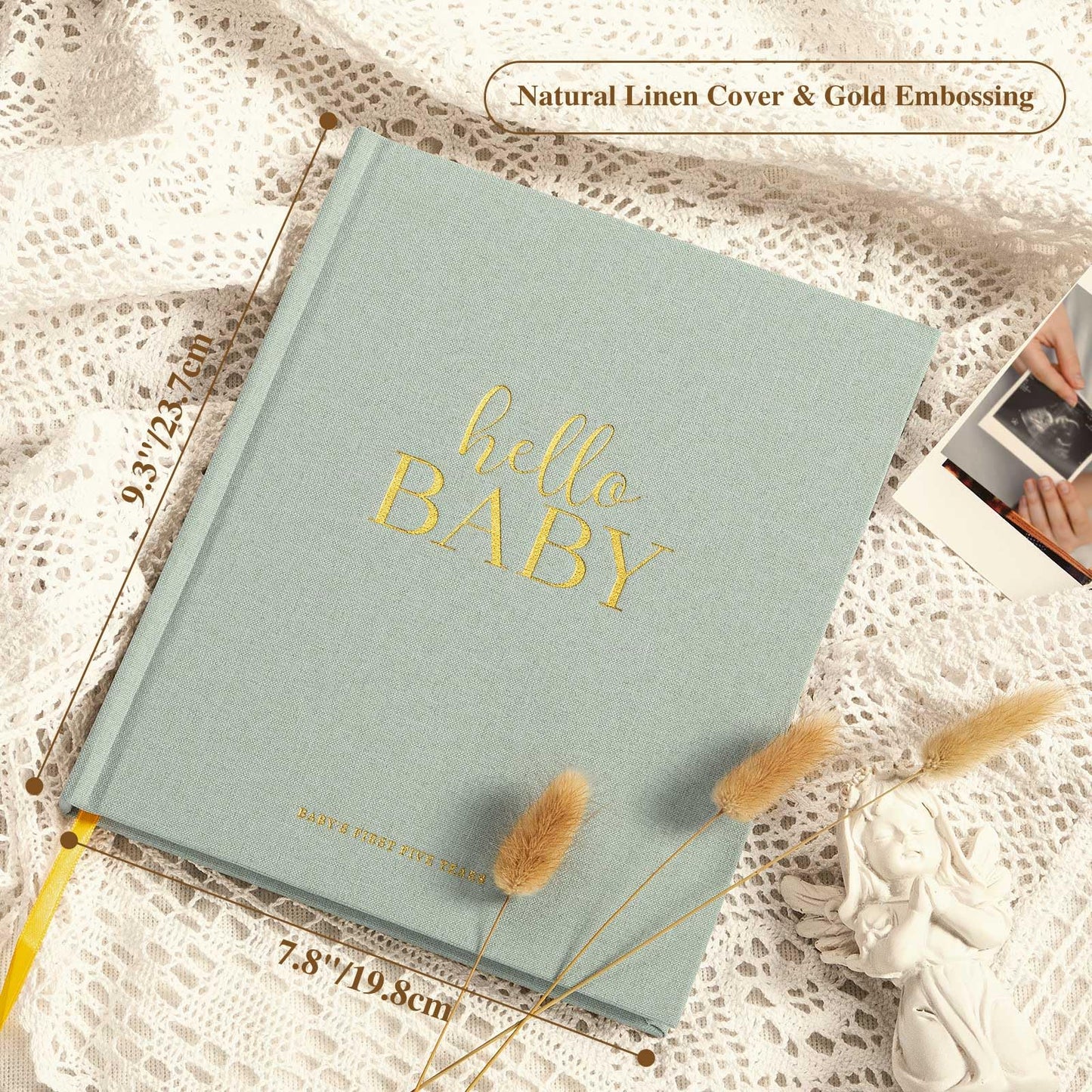 Lanpn Hello Baby First 5 Year Memory Book for Boy Girl - Linen Hardcover Baby Book Keepsake for New Parents - Newborn Baby Journal Scrapbook Photo Album Baby Milestone Book (Beige, 154 Pages)