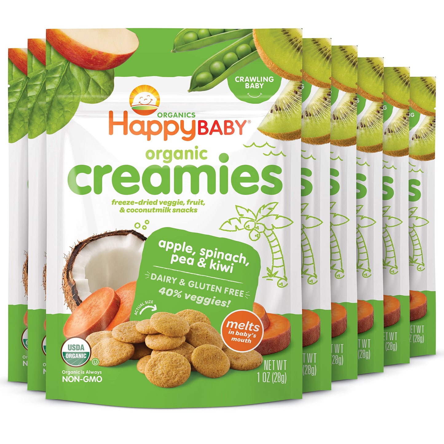 Happy Baby Organics Creamies Freeze-Dried Veggie & Fruit Snacks with Coconut Milk, Apple Spinach Pea & Kiwi