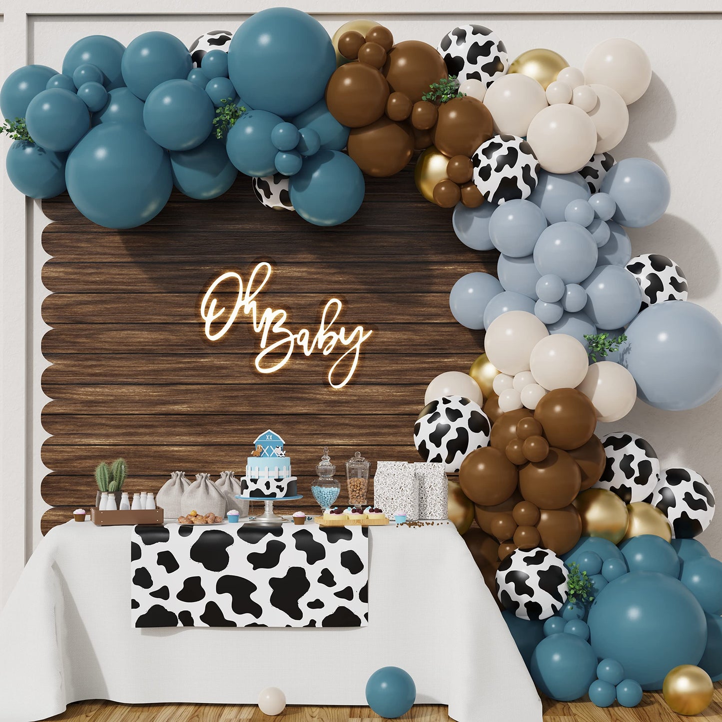 BALONAR 135Pcs Cow Boy Blue Balloons Arch Garland Kit with 18/10/5inch Sand White Coffee Cow Print Farm Animal Gold Balloons for Boy Birthday Party Baby Shower Birthday Supplies (Blue)