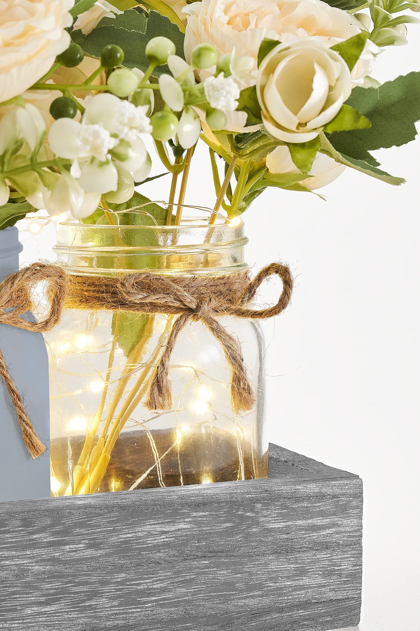Mkono Mason Jar Lights Centerpiece Table Decor for Dining Room Farmhouse Wood Tray with 3 Jars Flowers Summer Decoration for Coffee Table Kitchen Living Room Wedding