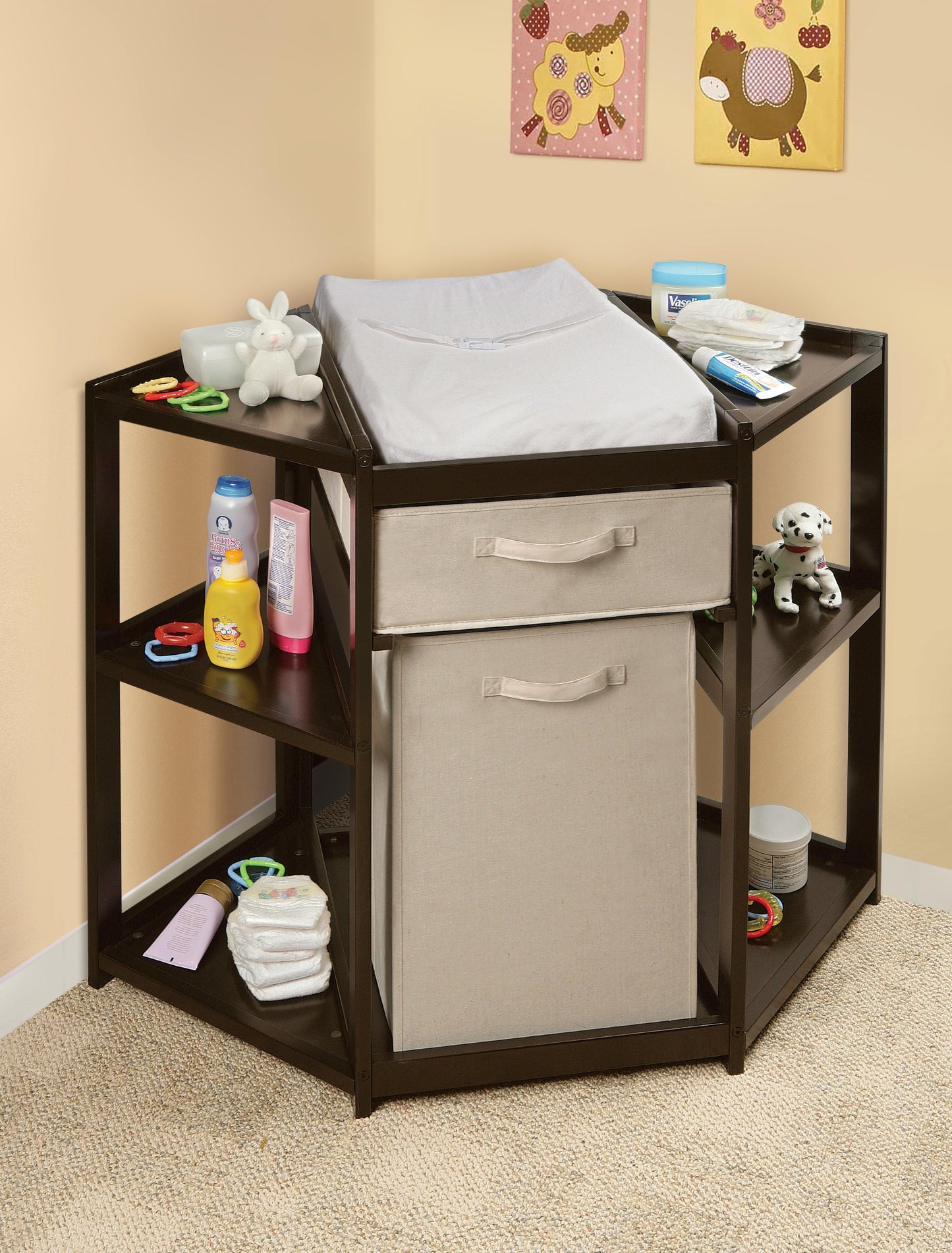 Badger Basket Diaper Corner Baby Changing Table – Space-Saving White Nursery Station with Hamper, Basket & Changing Pad