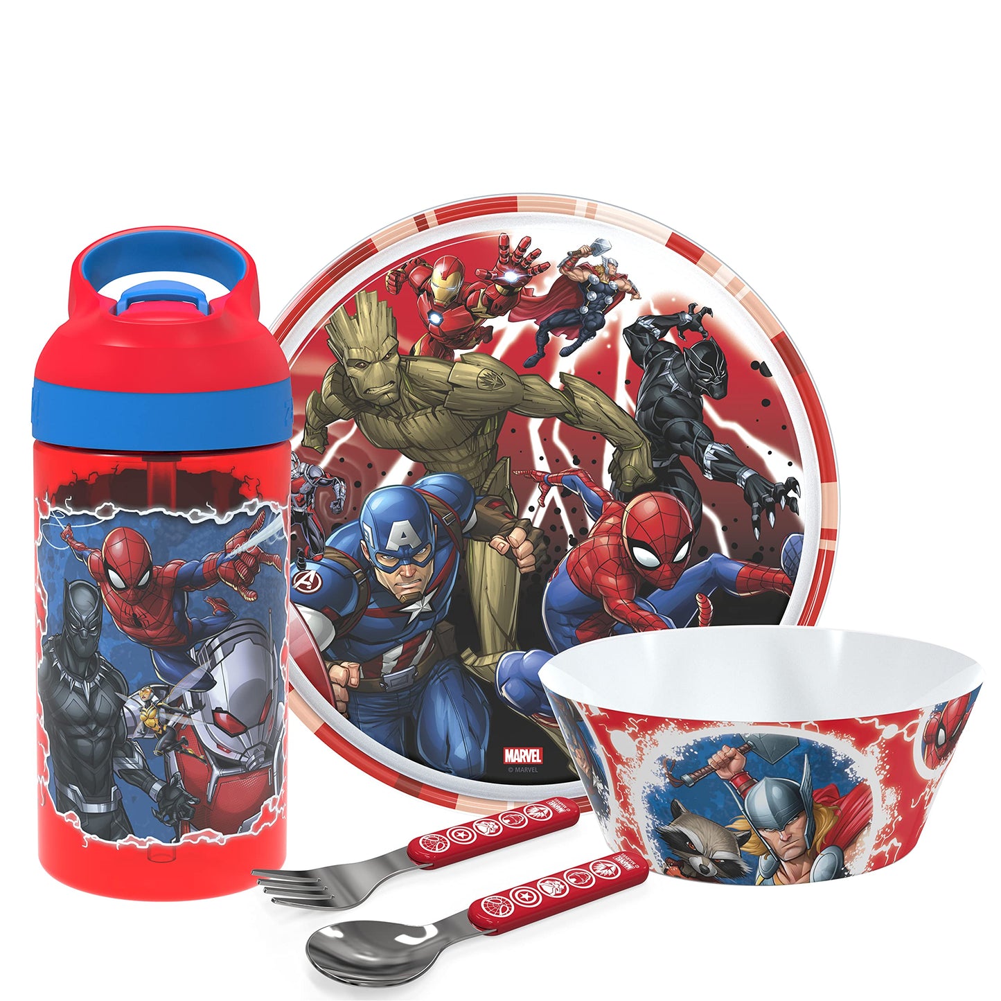 Zak Designs 5-Piece Dinnerware Set, Baby Shark - Durable Plastic & Stainless Steel - Includes Water Bottle, 8-Inch Plate, 6-Inch Bowl, Fork & Spoon - Suitable for Kids Ages 3+