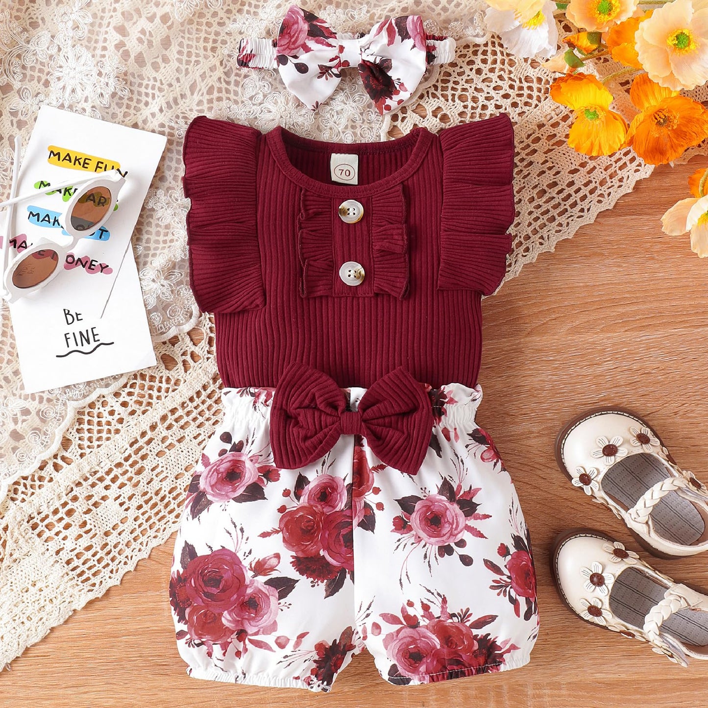 Newborn Baby Girl Clothes Outfits Ruffle Romper and Short Pant Sets with Headband Infant Bodysuits