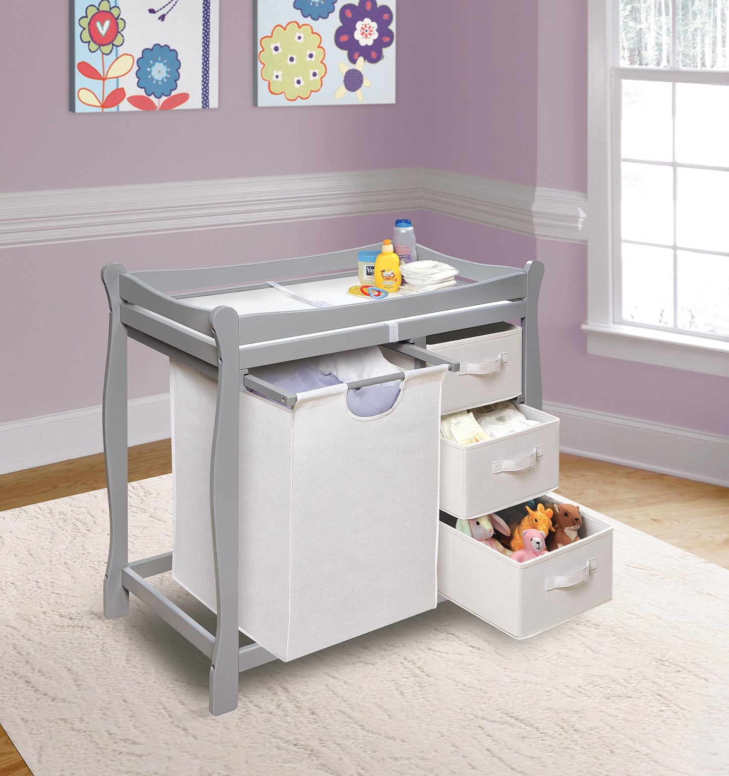 Badger Basket Sleigh Style Baby Changing Table with Laundry Hamper and 3 Storage Drawers - Espresso