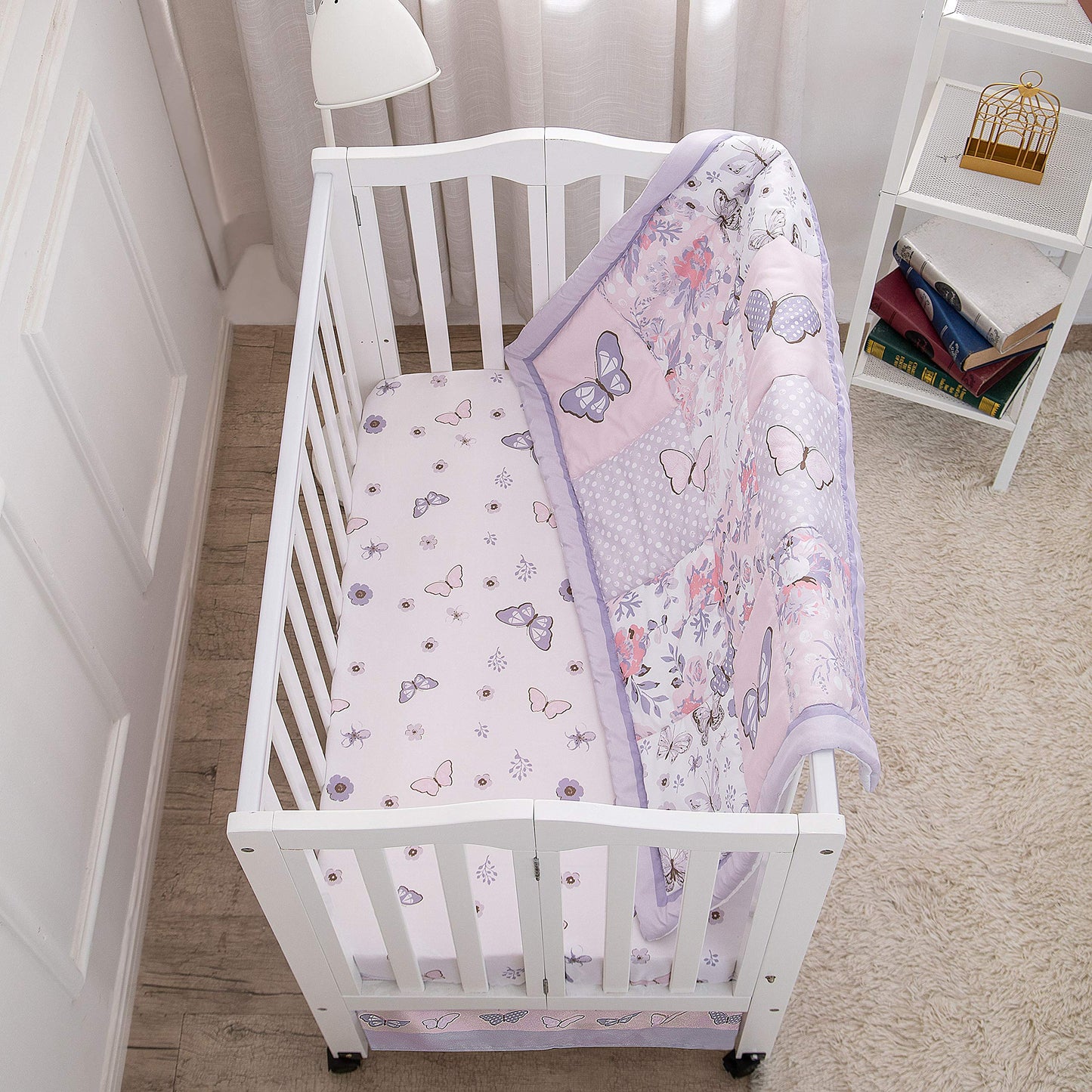 La Premura 3-Piece Purple Butterfly Baby Crib Bedding Set for Girls, Lilac Standard Size Crib Set for Baby Girl, Comforter, Fitted Sheet, and Dust Ruffle Skirt, Baby Nursery Floral Design for Girls