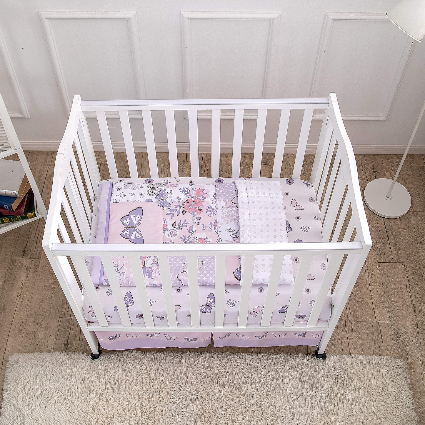 La Premura 3-Piece Purple Butterfly Baby Crib Bedding Set for Girls, Lilac Standard Size Crib Set for Baby Girl, Comforter, Fitted Sheet, and Dust Ruffle Skirt, Baby Nursery Floral Design for Girls