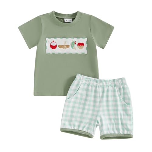 Toddler Baby Boy Summer Outfits Short Sleeve Embroidered T Shirt Tees + Striped/Plaid Shorts Infant Clothes Set