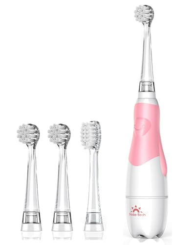 DADA-TECH Toddler Electric Toothbrush Kids Age 1-2-3 Years Old, Baby Electric Toothbrush with LED Light 2 Minutes Timer 4 Vibrating Heads for Infants Toothbrush 6 to 12 Months and Up (Pink Penguin)