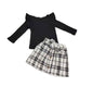 Noubeau Toddler Baby Girls Plaid Outfits Knit Ribbed Sweatshirt Shirt Tops Red Plaid Belt Skirt Fall Winter Clothes