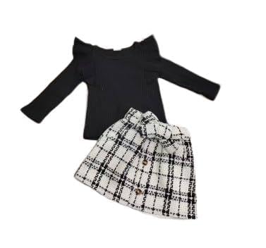 Noubeau Toddler Baby Girls Plaid Outfits Knit Ribbed Sweatshirt Shirt Tops Red Plaid Belt Skirt Fall Winter Clothes