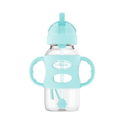 Dr. Brown's Milestones Wide-Neck Sippy Straw Bottle with 100% Silicone Handles and Weighted Straw, 9 oz/270 mL, Gray & Pink, 6m+, 2 Count (Pack of 1)