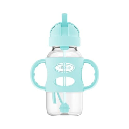 Dr. Brown's Milestones Wide-Neck Sippy Straw Bottle with 100% Silicone Handles and Weighted Straw, 9 oz/270 mL, Gray & Pink, 6m+, 2 Count (Pack of 1)