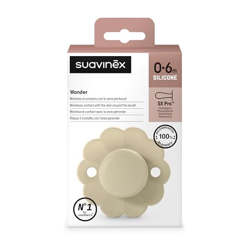 Suavinex Wonder Baby Pacifier, SX Pro Silicone Nipple, Reversible, Non Irritating Shield Design, 2 Pk Pacifiers 0-6 Months, Made in Europe, Mauve/Chalk
