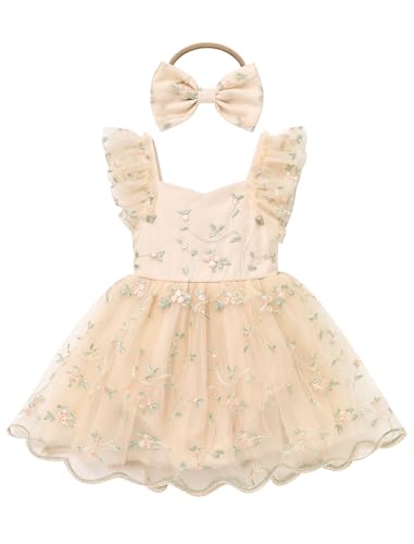 IDOPIP Floral Embroidered Baby Girl Romper Tutu Dress Princess Tulle Jumpsuit Headband Cake Smash 1st Birthday Party Outfit
