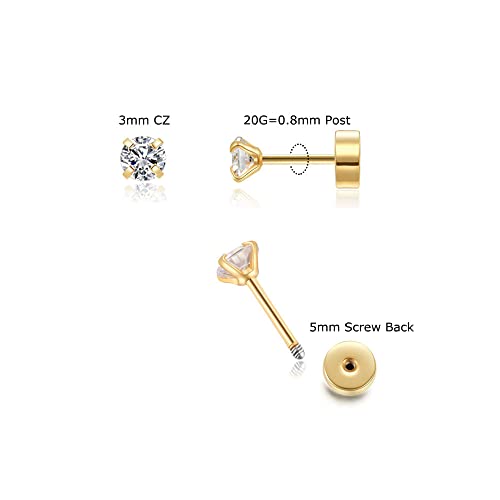 3mm Tiny CZ Screw on Flat Back Stud Earrings,Gold Plated Flat Back Cubic Zirconia Earrings for Helix Cartilage Tragus Earlobe Piercing Jewelry Gift for Women Men(3mm CZ, Gold)