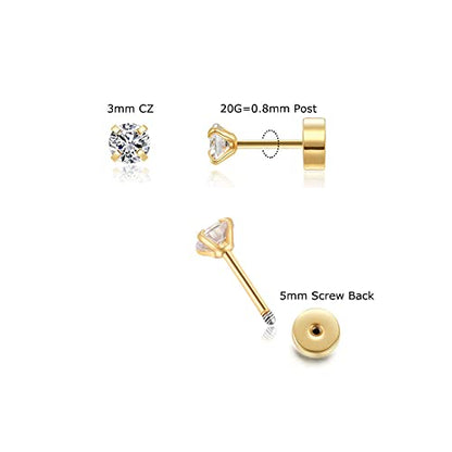 3mm Tiny CZ Screw on Flat Back Stud Earrings,Gold Plated Flat Back Cubic Zirconia Earrings for Helix Cartilage Tragus Earlobe Piercing Jewelry Gift for Women Men(3mm CZ, Gold)