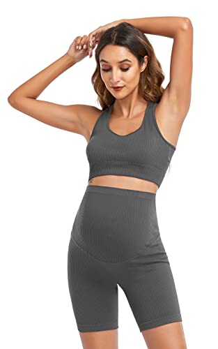 Women's Maternity 2 Piece Outfit Set - Bra & Shorts for Pregnancy - Yoga workout Lounge Wear Sets