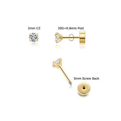 3mm Tiny CZ Screw on Flat Back Stud Earrings,Gold Plated Flat Back Cubic Zirconia Earrings for Helix Cartilage Tragus Earlobe Piercing Jewelry Gift for Women Men(3mm CZ, Gold)
