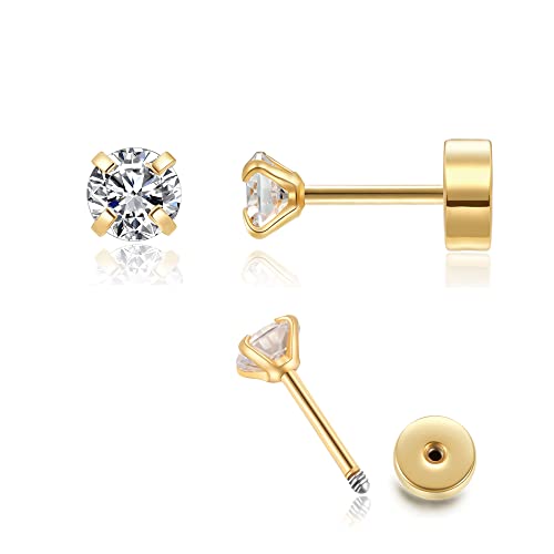3mm Tiny CZ Screw on Flat Back Stud Earrings,Gold Plated Flat Back Cubic Zirconia Earrings for Helix Cartilage Tragus Earlobe Piercing Jewelry Gift for Women Men(3mm CZ, Gold)