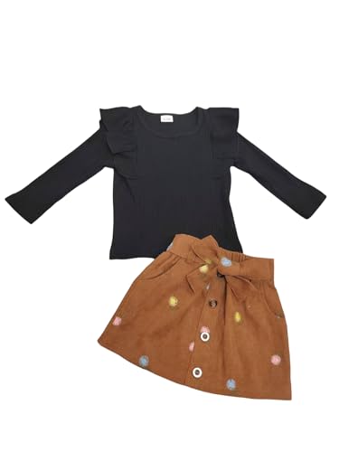 Noubeau Toddler Baby Girls Plaid Outfits Knit Ribbed Sweatshirt Shirt Tops Red Plaid Belt Skirt Fall Winter Clothes