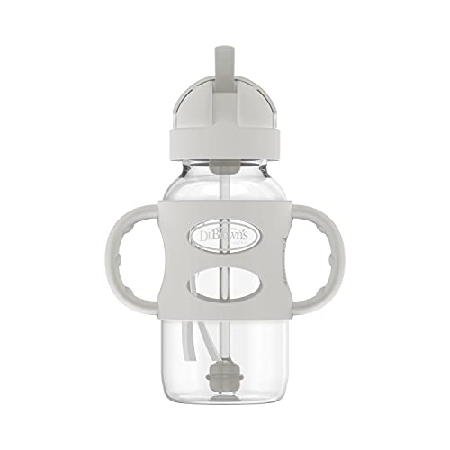 Dr. Brown's Milestones Wide-Neck Sippy Straw Bottle with 100% Silicone Handles and Weighted Straw, 9 oz/270 mL, Gray & Pink, 6m+, 2 Count (Pack of 1)