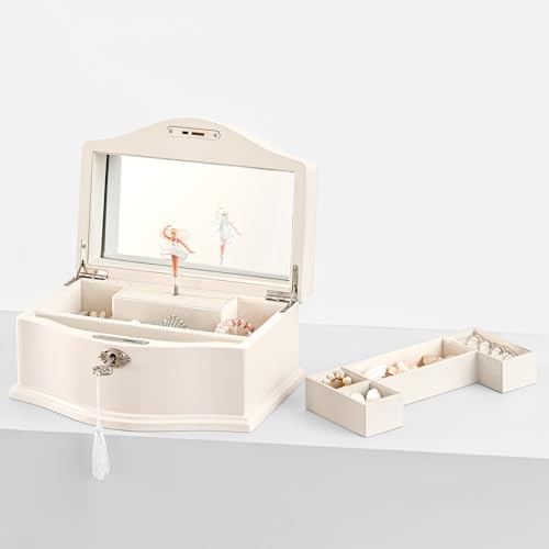 Wooden Musical Jewelry Box for girls with Mirror and Key Lock, Gift for Kids on Birthdays and Holidays (Pink, Small) (Beige, Small)