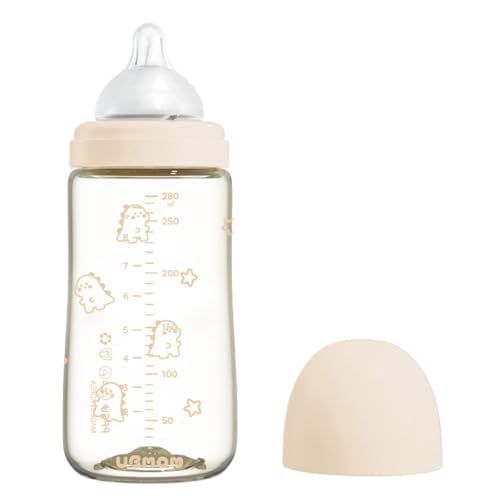 All in One Anti-Colic Baby Bottle, BPA Free, Wide-Neck, Non-Tip, Stable Base, Easy to Clean, Natural Baby Bottle 280ml, 9.47oz, Nipple M Level (3~6M) (White)