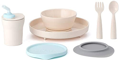 Miniware Little Foodie Set with Cereal Bowl, Sandwich Plate, My First Cutlery Set, 1-2-3 Sip Cup, and Detachable Suction Foot for Baby Toddler Kids (Little Camper)