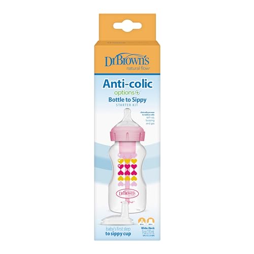 Dr. Brown’s Anti-Colic Options+ Wide-Neck Sippy Bottle Starter Kit, 9oz/270mL, with Level 3 Medium-Fast Flow Nipple and Soft 100% Silicone Sippy Spout, Pink, BPA Free, 6m+