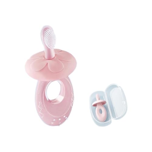 Baby Toothbrush & Teether, Silicone Teething Relief, Baby Tongue Cleaner, Extra Soft Bristle Toddler Training Toothbrush with Storage case, BPA Free, Adjustable Safety Shield - Pink