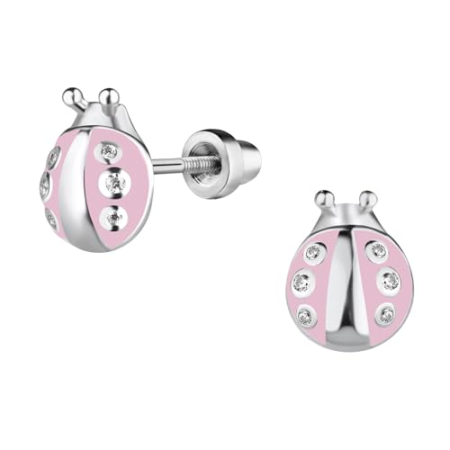 Cherished Moments Children's Sterling Silver or 14k Gold Plated Pink Ladybug Screw Back Earrings for Babies, Little Girls, Kids and Toddlers