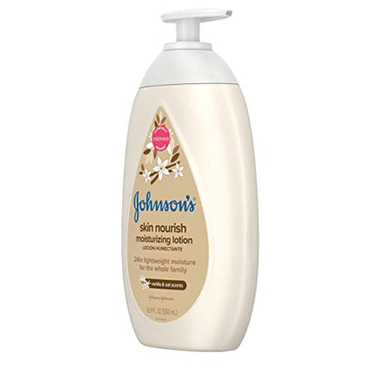 Johnson's Skin Nourish Moisturizing Baby Lotion for Dry Skin with Vanilla & Oat Scents, Gentle & Lightweight Body Lotion for the Whole Family, Hypoallergenic, Dye-Free, 16.9 fl. oz