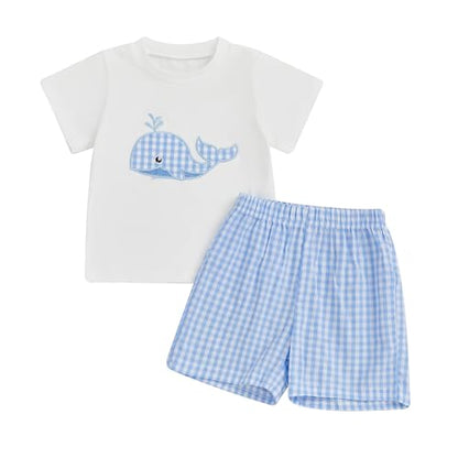 Toddler Baby Boy Summer Outfits Short Sleeve Embroidered T Shirt Tees + Striped/Plaid Shorts Infant Clothes Set