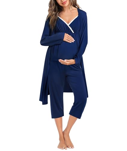 SWOMOG Maternity Nursing Robe Set 3 Piece Breastfeeding Pajamas 3 in 1 Labor Delivery Sleevless Tops&Long Pants Pregnancy Pjs