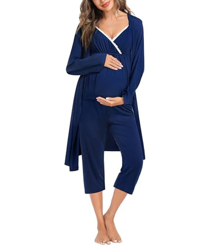 SWOMOG Maternity Nursing Robe Set 3 Piece Breastfeeding Pajamas 3 in 1 Labor Delivery Sleevless Tops&Long Pants Pregnancy Pjs