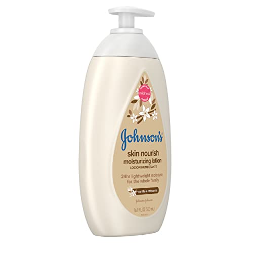 Johnson's Skin Nourish Moisturizing Baby Lotion for Dry Skin with Vanilla & Oat Scents, Gentle & Lightweight Body Lotion for the Whole Family, Hypoallergenic, Dye-Free, 16.9 fl. oz