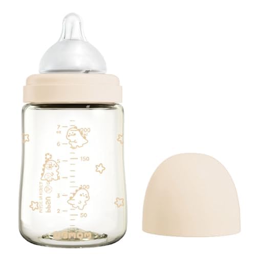 PPSU All in One Baby Bottle, PPSU Baby Bottle for Breastfeeding Babies, Anti-Colic Wide-Neck Non-Tip Stable Base, Easy to Clean Natural Baby Bottle 200ml, 6.76oz, Nipple S Level(0~3M) (Beige)
