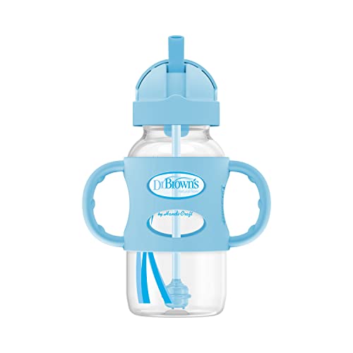 Dr. Brown's Milestones Wide-Neck Sippy Straw Bottle with 100% Silicone Handles and Weighted Straw, 9 oz/270 mL, Gray & Pink, 6m+, 2 Count (Pack of 1)