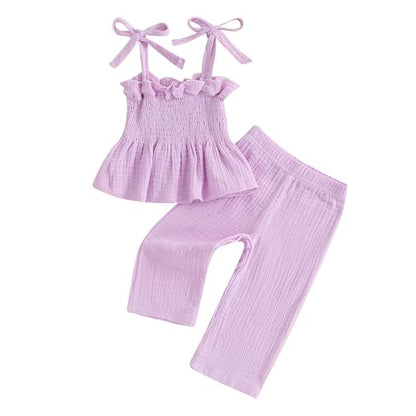 Toddler Baby Girl Clothes Tie-Up Strap Ruffle Camisole Tops Linen Pants Set Little Girls Summer Outfits