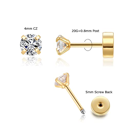 3mm Tiny CZ Screw on Flat Back Stud Earrings,Gold Plated Flat Back Cubic Zirconia Earrings for Helix Cartilage Tragus Earlobe Piercing Jewelry Gift for Women Men(3mm CZ, Gold)