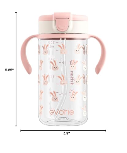 Evorie Tritan Spill Proof Toddler Straw Sippy Cup, 10 oz for Baby and Toddlers 1-3 Years Old, No Spill Straw Water Bottle with Removable Handles, Ideal for School, BPA-Free, Pink Rabbit